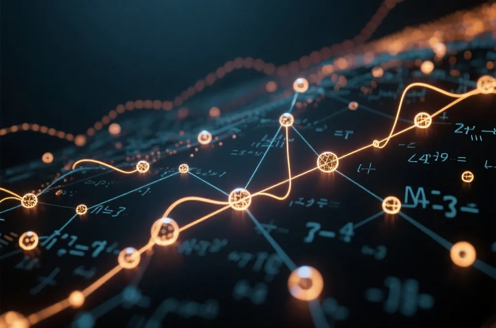An abstract visualization of mathematical algorithms featuring glowing nodes interconnected light lines and probability curves on a dark background