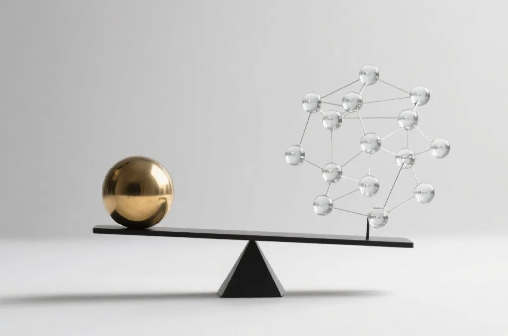A minimalist design of a balanced financial scale with a single solid sphere on one side and multiple connected small spheres on the other