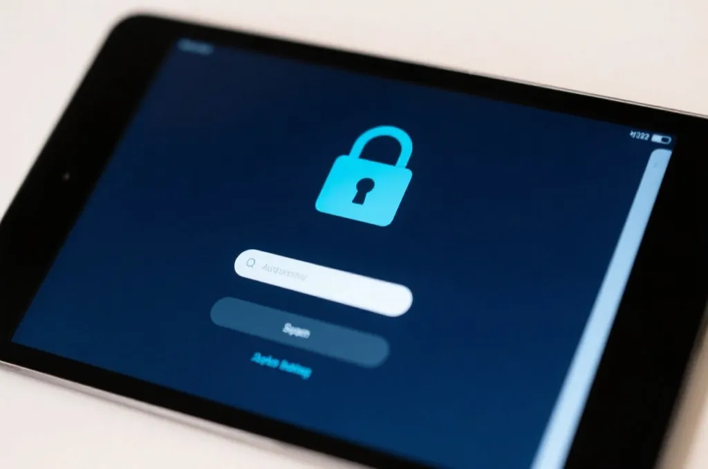 An editorial close-up of a secure login screen on a tablet showing a safe authentication symbol